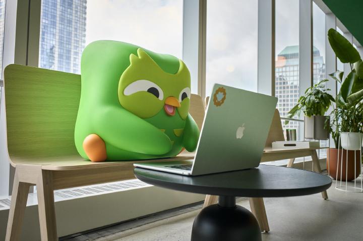 A resin Duo the owl is typing on a laptop. There are skyscrapers in the background